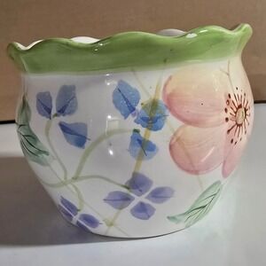 Vintage Hand-Painted Floral Ceramic Planter Cachepot w Scalloped‎ Green Rim